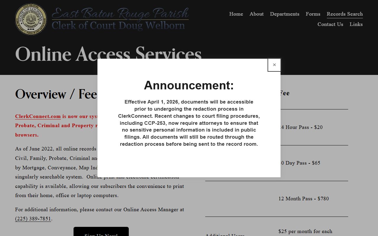 East Baton Rouge Parish court records after arrest Clerk Connect online access