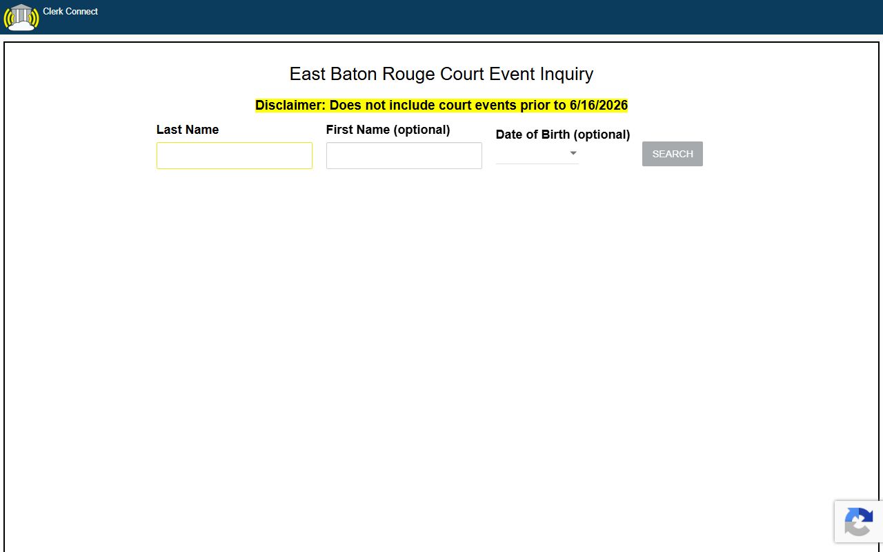 East Baton Rouge Parish court event inquiry for court records after arrest