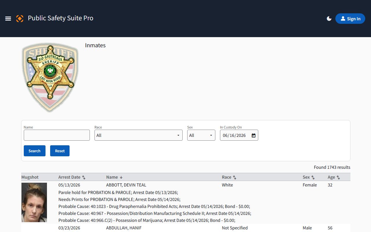East Baton Rouge Parish inmate records CentralSquare roster portal