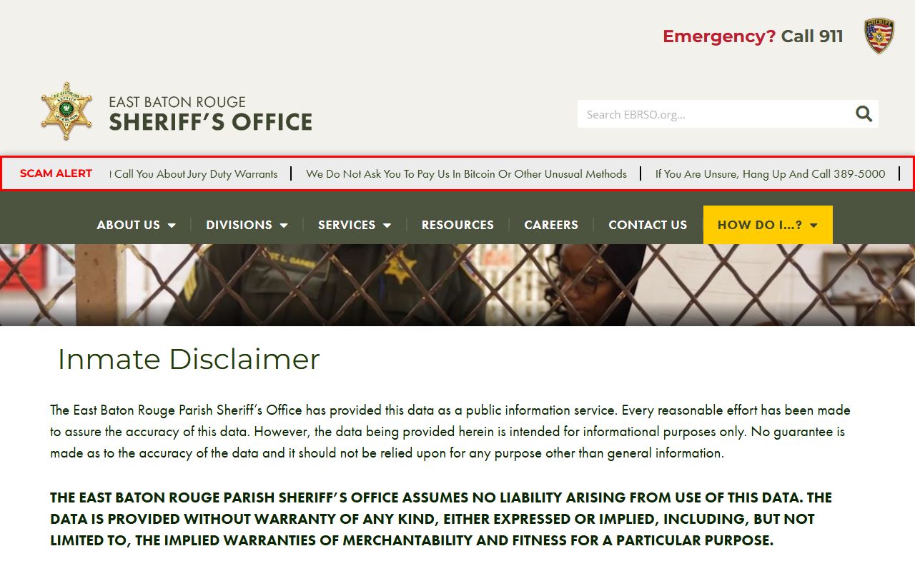 EBRSO inmate list disclaimer and inmate information phone notice