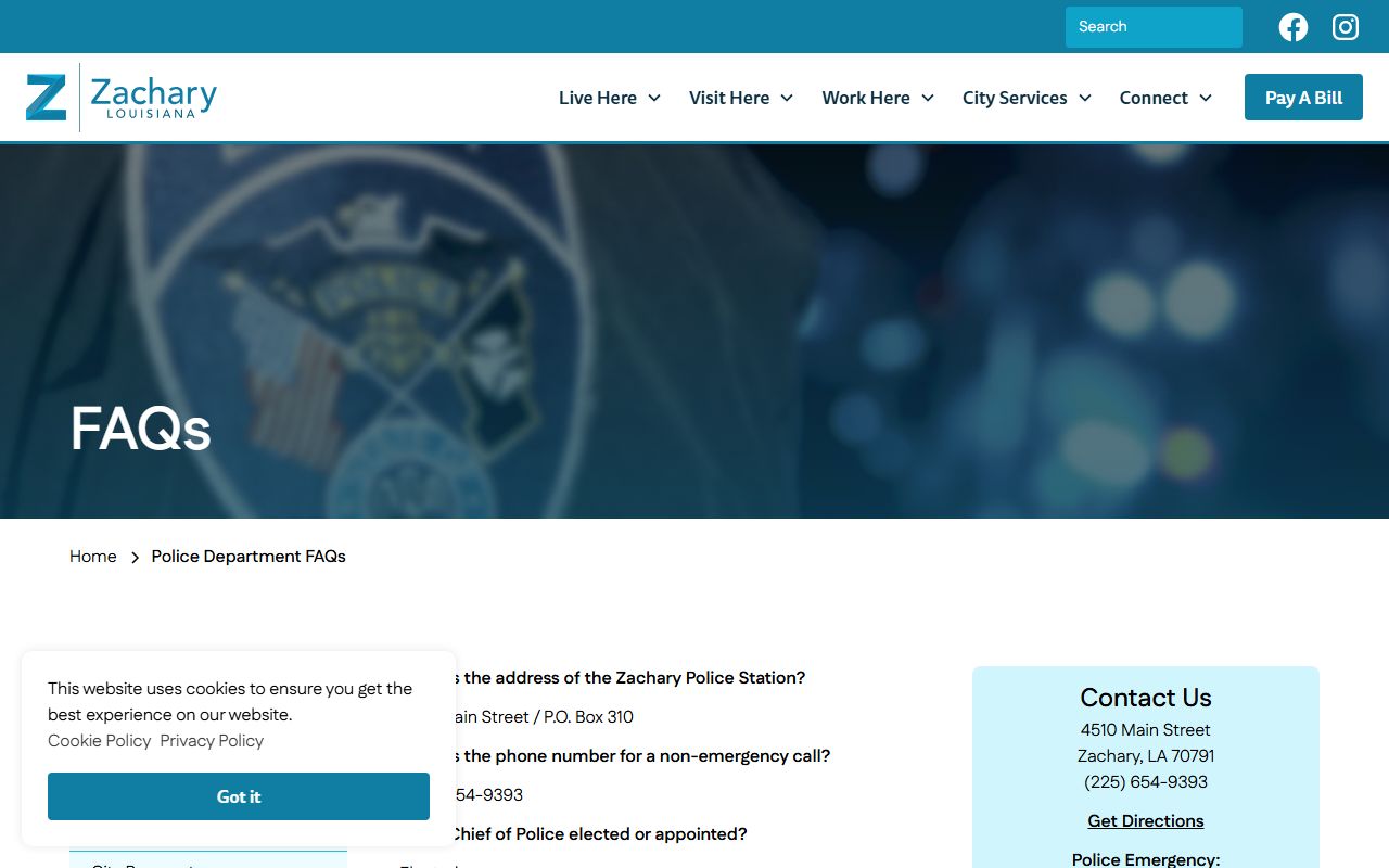 Zachary Police FAQ explaining temporary holding and East Baton Rouge Parish Prison booking